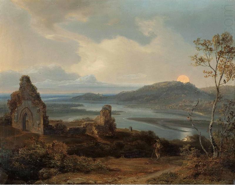 Ruin of a chapel near a river with rising moon, Carl Rottmann